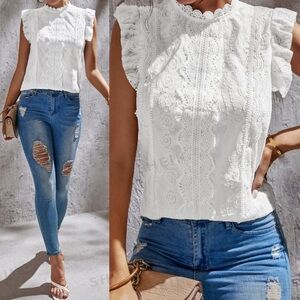White Lace Ruffle Top‎ Womens Size XL Tall Romantic SHEIN High Neck Boho Blouse